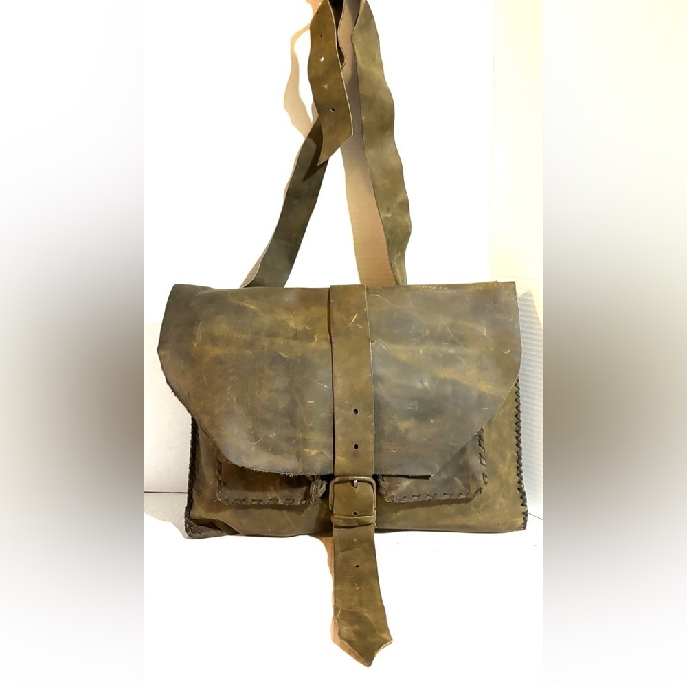 Vintage unisex Olive distressed Leather Messenger Bag